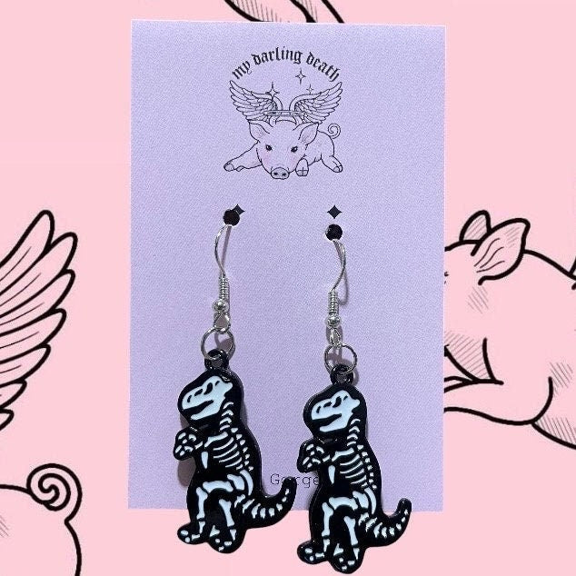 Dino Skeleton Hook Dangly Earrings, Hypoallergenic, Fun and Quirky, Statement, Occassion Jewellery, Fashion, Gothic, Alternative, Tattoo